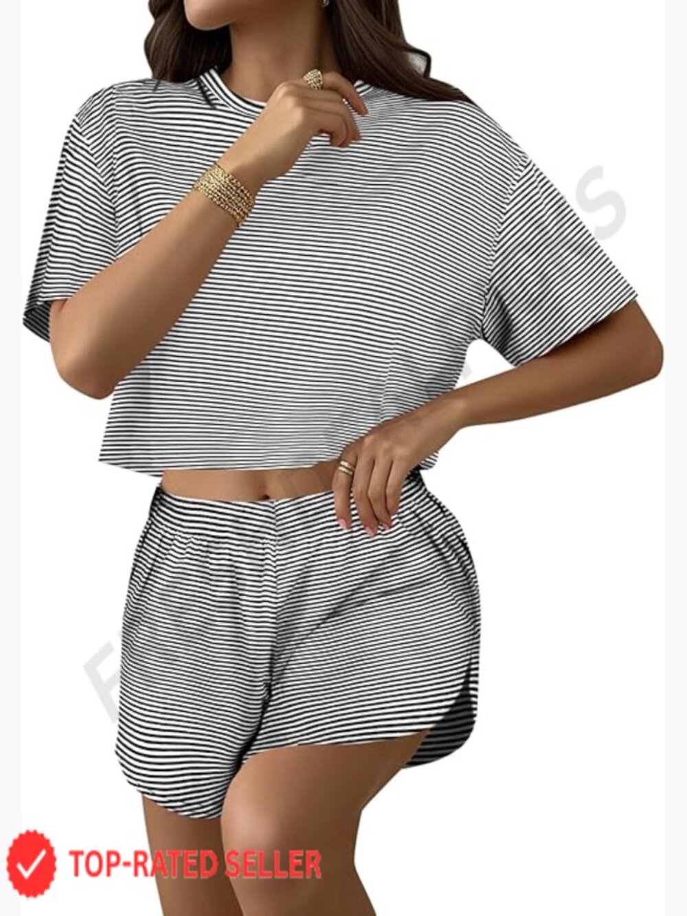 Striped Short Pajama Set Soft Stretchy Slit Shorts Tee Loungewear Classic Crew